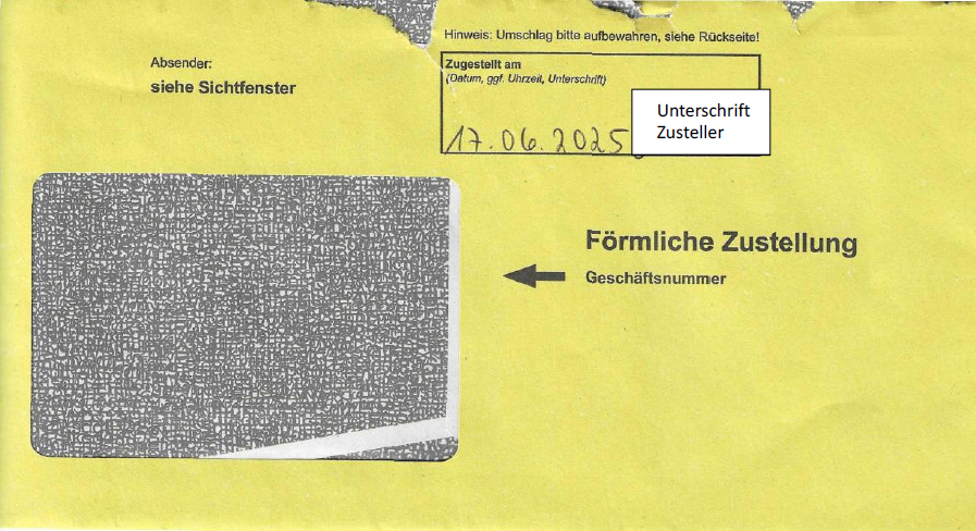 Muster gelber Brief förmliche Zustellung Mahnbescheid